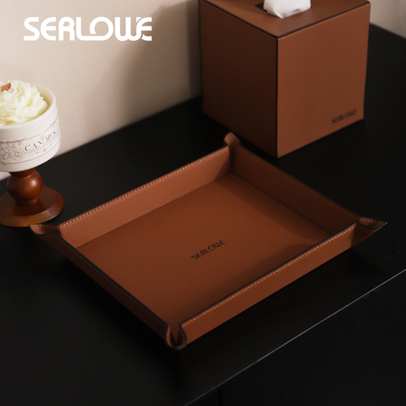 Shengluo Light Luxury Style Brown Leather Key Storage Box Entryway Tabletop Remote Control Jewelry Tray Storage Box
