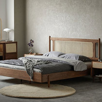 Nordic solid wood black walnut rattan bed modern simple Japanese log bed cherry wood 1 8m double bed