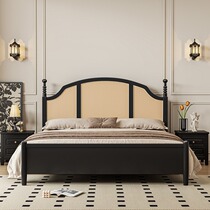 French solid wood bed retro rattan bed black 1 8 meter American double bed modern minimalist wabi-sabi style bed and breakfast