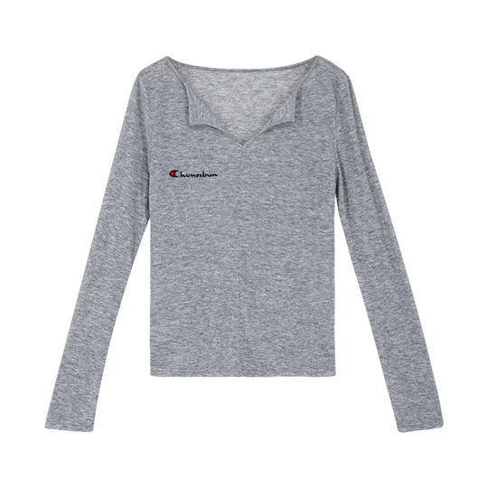 Champion Rainbow Blue V Neck Long-Sleeved T-Shirt for Women in Spring and Autum Thin Slim Fit Right Shoulder Inner Layering Shirt Top