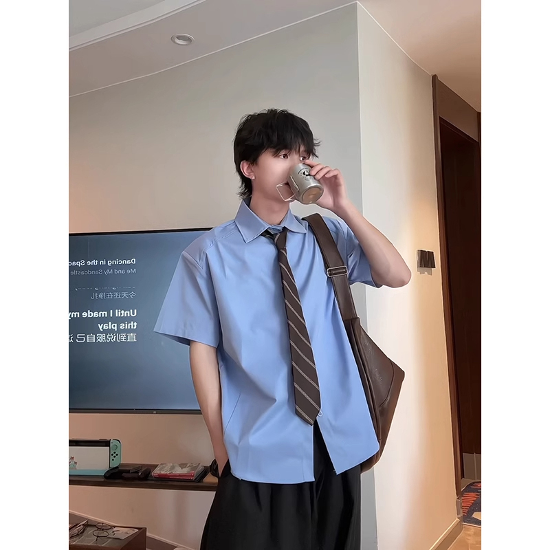 Dk Boys' Uniform Versatile College Style Youthful Short-Sleeved Shirt Summer Blue Fashionable Cool Five-Quarter Sleeve Shirt