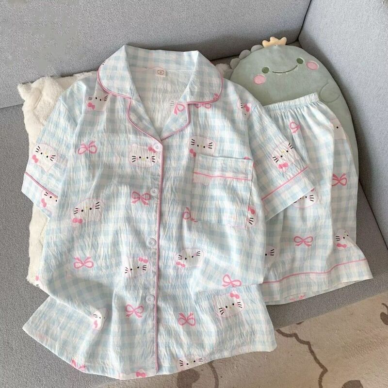 Kt Cat Cartoon Pajamas for Women, Short-Sleeved Shorts, Summer Cloud Cotton Outerwear, Casual Dormitory Home Wear Two-Piece Set