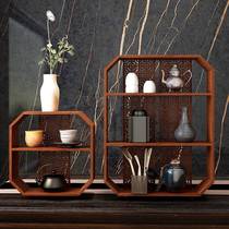 Solid wood rack wall-mounted wooden multi-grid tea table storage rack teapot tea set cup ornaments storage grid creative