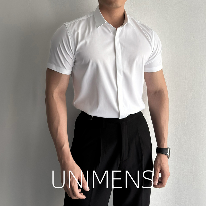 Unimens Bamboo Fiber Snap-Button Short-Sleeve Shirt for Men, Summer Wrinkle-Resistant, No-Iron Formal Muscle-Fit Business Commuter Shirt