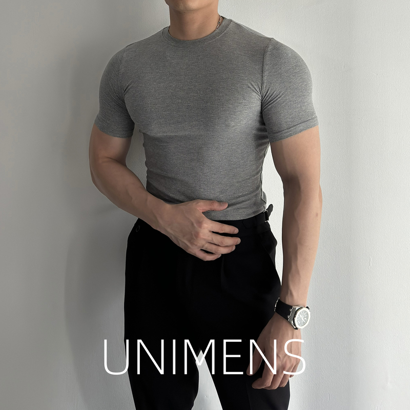 Unimens Threaded Round Neck Short-Sleeved T-Shirt Men's Summer High-End Casual Slim Fit Fitness Elastic Muscle Base Shirt
