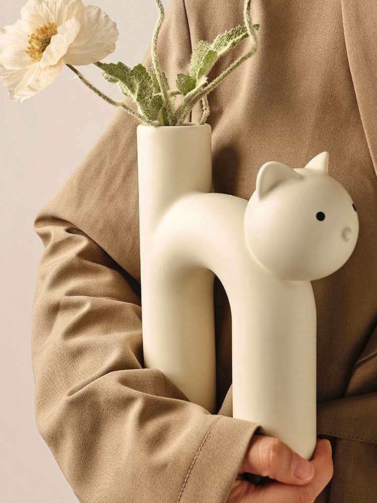 Cute Kitty Styling Ceramic Vase Wind Advanced Sensational Nordic Cream Floral Swing Piece Home Swing-Taobao