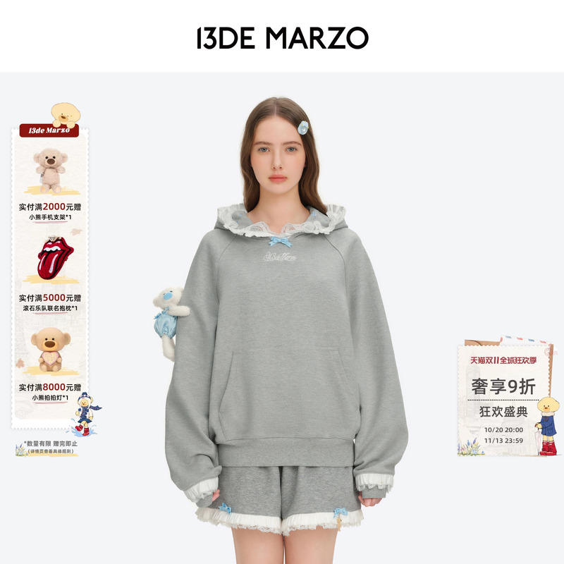 13De Marzo Floral Series 2026 Autumn/Winter New Lace Brim Raglan Sleeve Hoodie Sweatshirt