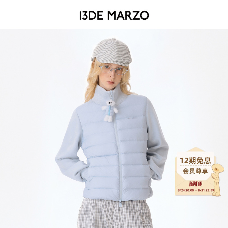 13De Marzo Unisex Wool Blend Patchwork Jacket Doll Slim Fit Versatile Zipper Thin down Jacket
