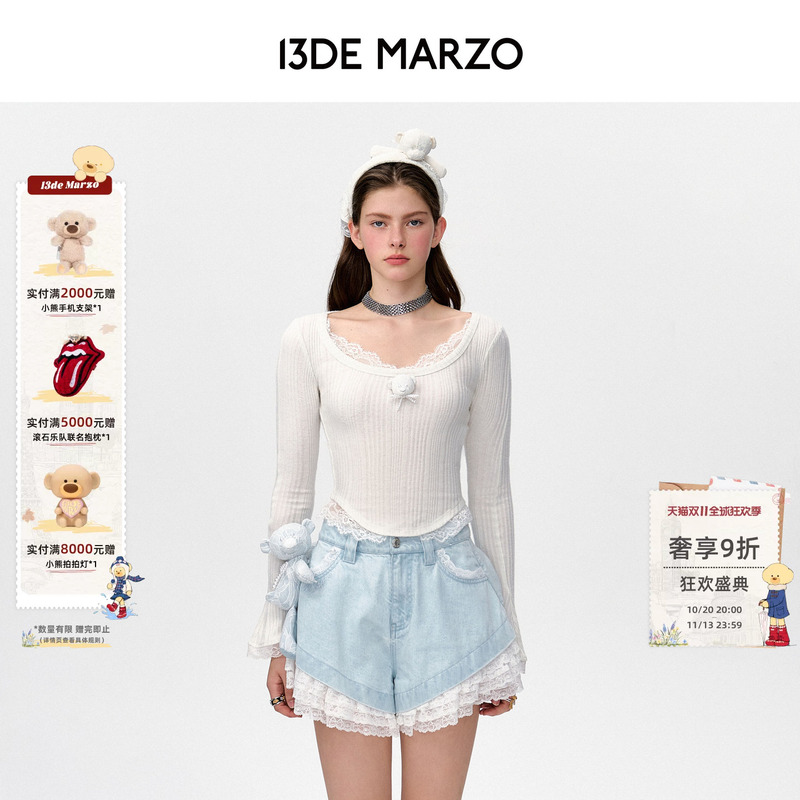 13De Marzo Women's Bear Lace Long Sleeve Base Shirt with Unique Design, Flared Sleeves, Short Slim Fit T-Shirt