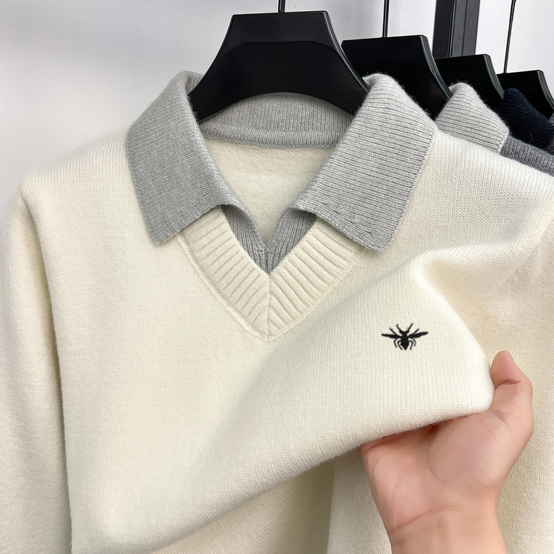 Dior Cashmere Faux Two-Piece Shirt Collar Pullover Men's Lapel Knitwear Warm Thickened Sweater Eddadior Dior Cashmere Faux Two-Piece Shirt Collar Pullover Men's Lapel Knitwear Warm Thickened Sweater Eddadior