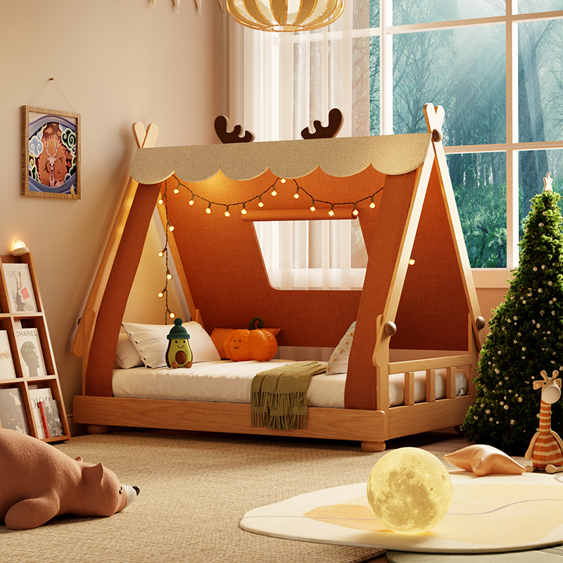Nordic Solid Wood Forest Bed 1.5m Children's Bed for Girls and Boys, Wooden House Bed, Tent Bed, Treehouse Bed, Single Small Bed