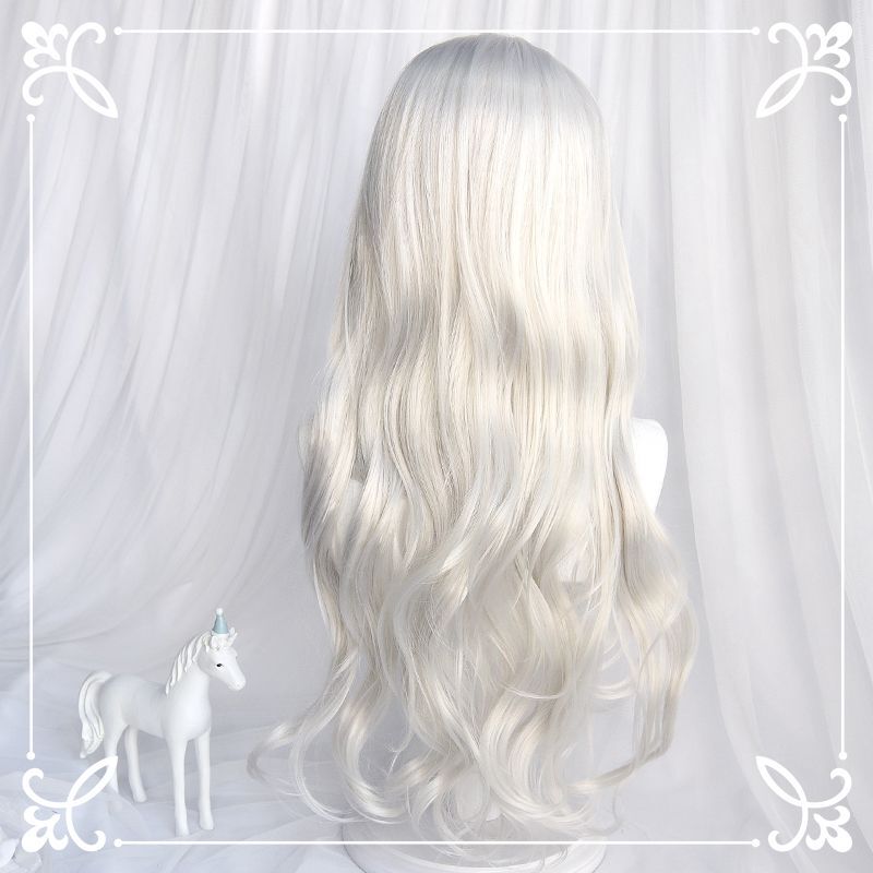 White Wig Pure White Lolita Wig for Girls Natural Slightly Long Curly Hair Big Waves Air Bangs Granny Gray
