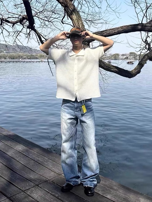 New Era Og Korean Glacier Blue Washed Vintage Cleanfit High-Weight Cat Whisker A-Line Wide-Leg Jeans