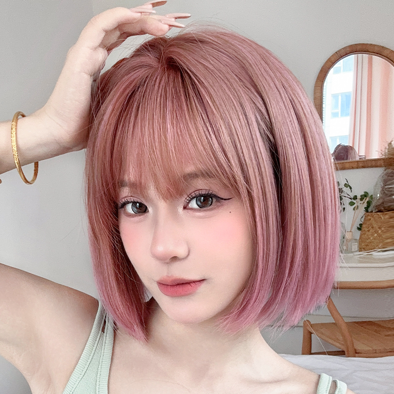 Pink Wig for Women, Full Head Cover, Short Straight Hair, Summer Thin Style, Realistic Bob, Light Color, One-Line Cut, Age-Reducing Style
