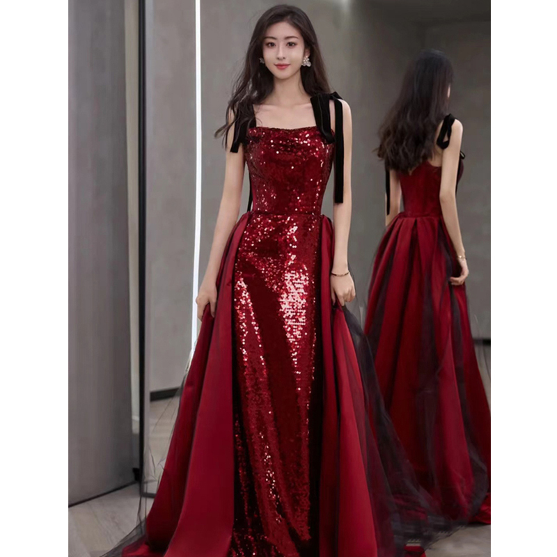 Burgundy Toast Dress, Bride's Engagement Sequin Evening Dress, High-End Light Luxury Niche Host's Birthday Banquet Wedding