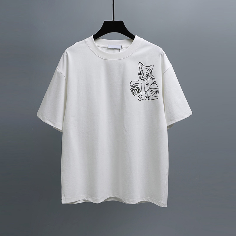 Summer New Loe Men's T-Shirt with Cartoon Kitten Embroidery, Short-Sleeved, Unisex, Round Neck, Loose and Versatile