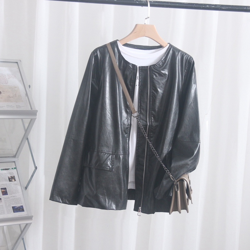 Spring and Autumn Plus-Size Women's Clothing for Fat Girls, Loose-Fitting Casual Jackets That Cover the Belly, Collarless Tops, Leather Jackets