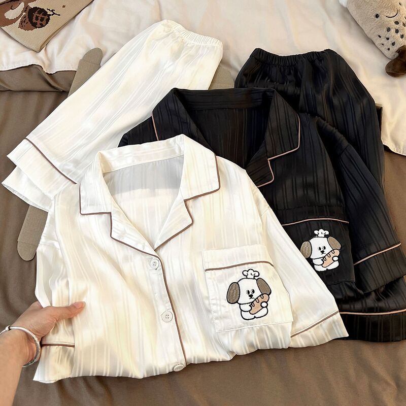 Short-Sleeved Ice Silk Couple's Pajamas for Women, Summer Thin Silk Cute Puppy Design, Men's Black Summer Loungewear Set