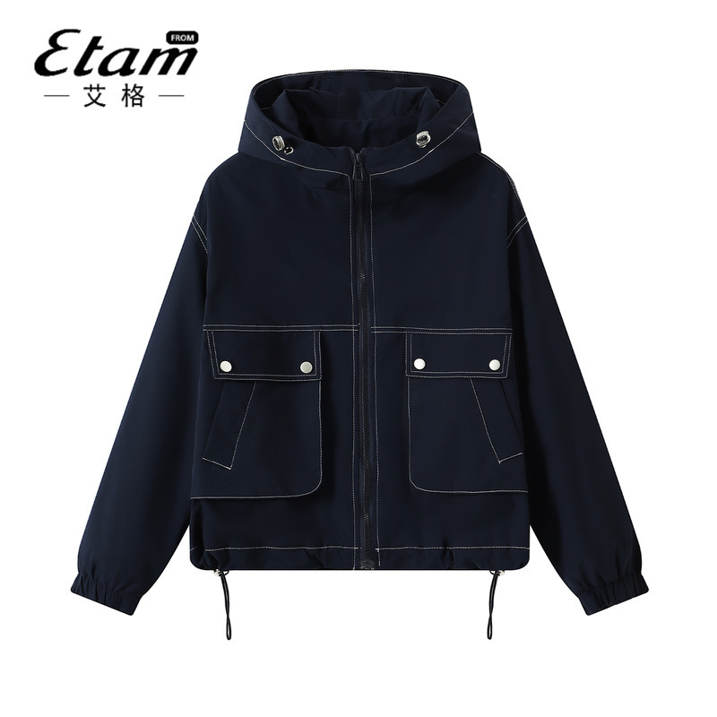 Aigetam Workwear Jacket for Women, Trendy Long-Sleeve Hooded Jacket with Double Pockets, Fashionable and Versatile Casual Short Outerwear