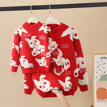 New Years base childrens clothing big red rabbit sweater autumn and winter round neck knitted 2023 Year of the Rabbit parent-child jacket