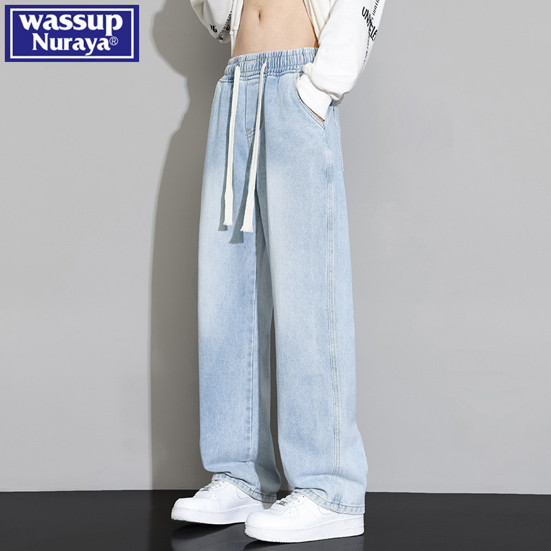WASSUP メンズ ライトカラージーンズ、2026年夏、薄手、ルーズフィット、カジュアルストレートレッグ、アメリカンハイストリートスタイルロングパンツ