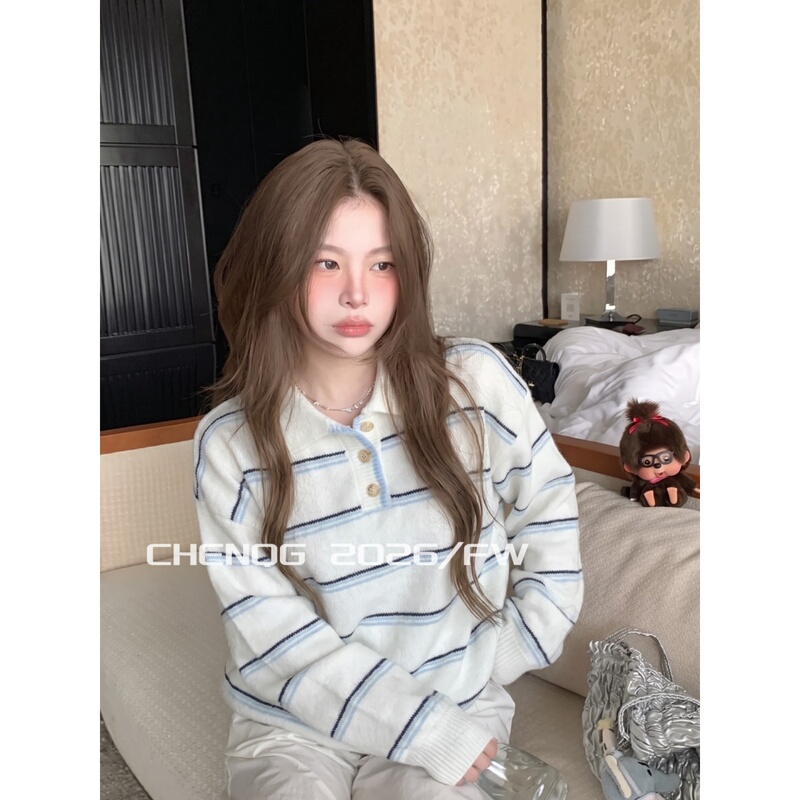 Chen Qian Gan/Aw Academy Style Casual Striped Sweater Top for Women, Autumn High-End Polo Collar Long Sleeve Knitwear