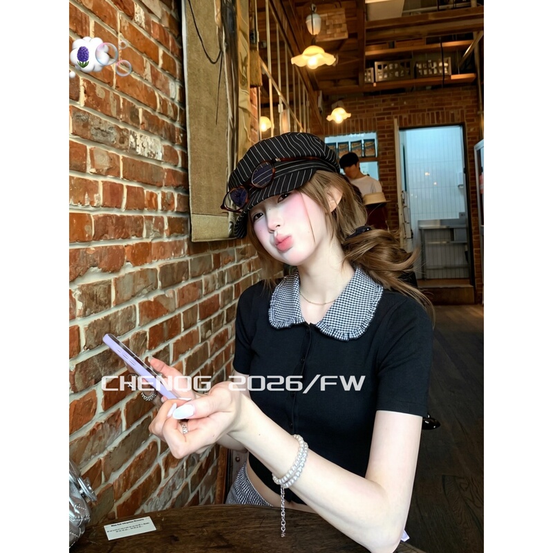 Chen Qian Gan/Aw Miu Series Doll Collar Knitted Short-Sleeve T-Shirt 2026 New Pure Desire Style Slim Fit Short Top for Women