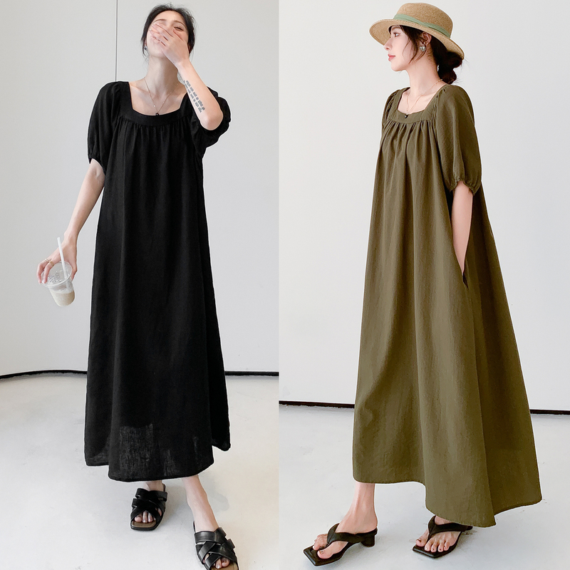 Summer New 2025 High-End Light Luxury Casual Loose Square-Neck Women's Slimming Long Over-The-Knee Dress Trendy Summer New 2025 High-End Light Luxury Casual Loose Square-Neck Women's Slimming Long Over-The-Knee Dress Trendy
