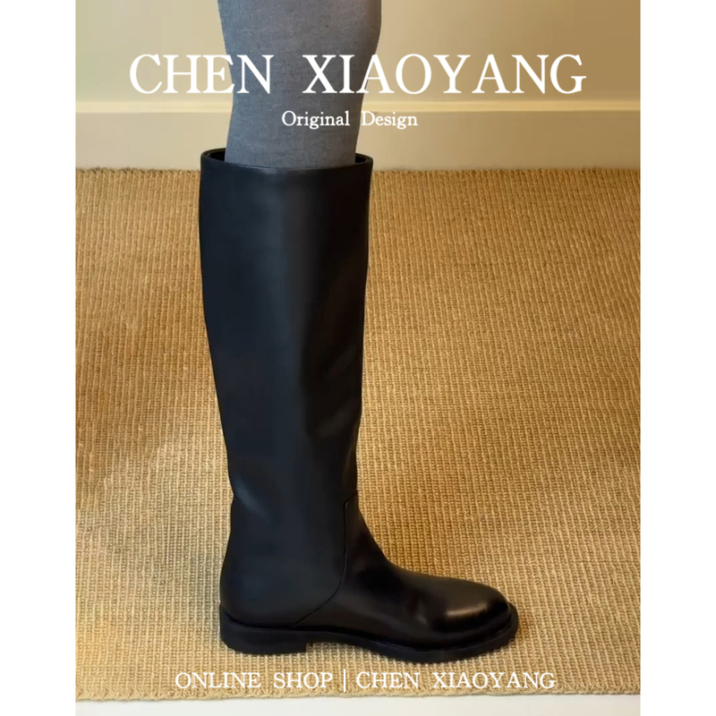 Sheepra Genuine Leather Round-Toe Black Straight-Leg Boots for Women, Slimming Low-Heel Knee-High Boots, Black High-Tube Riding Boots Sheepra Genuine Leather Round-Toe Black Straight-Leg Boots for Women, Slimming Low-Heel Knee-High Boots, Black High-Tube Riding Boots