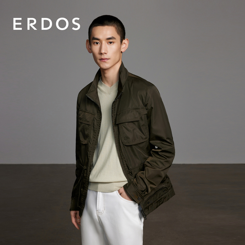 Erdos Light Jacket Spring Men's Khaki Green Stand Collar Short Multi-Flap Pocket Pants Jacket Light Sports