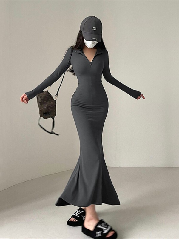 Hot Girl Pure Desire Style French Elegant Fishtail Dress Women's Autumn New Tight-Fitting Bodycon Hip-Hugging Lazy Style Long Dress Hot Girl Pure Desire Style French Elegant Fishtail Dress Women's Autumn New Tight-Fitting Bodycon Hip-Hugging Lazy Style Long Dress