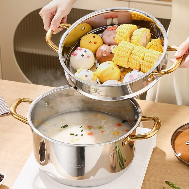 German Imported Small Steamer Pot 316 Stainless Steel Small Household Steaming and Cooking Pot Thickened Double-Layer with Steamer Basket Induction Cooker Pot