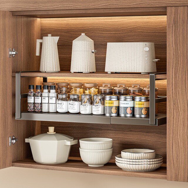 German Imported Extendable Kitchen Storage Rack Under-Cabinet Layered Hanging Basket Rack Spice Bottle Storage Rack Pot Rack