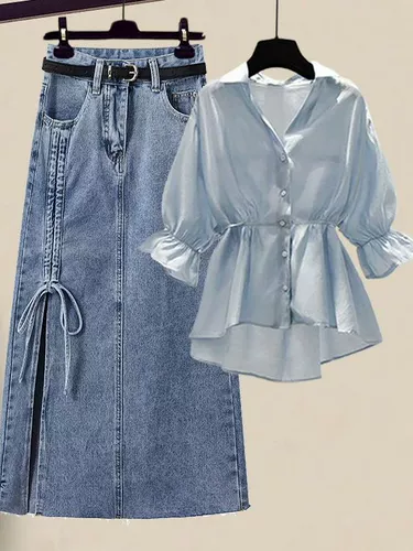 Летний комплект, рубашка, джинсовая юбка, большой размер, подходит для полных девушек, V-образный вырез