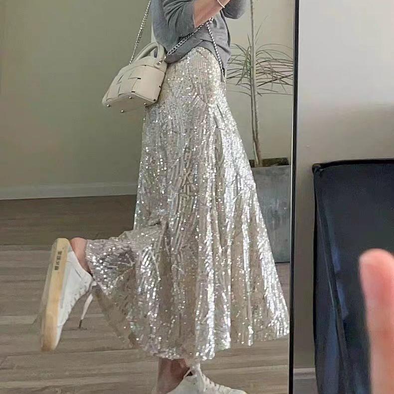 Silver Sequin Skirt for Women, New Autumn and Winter Style, French High-End A-Line Fishtail Skirt, Super Beautiful Fairy Skirt, Long Skirt Silver Sequin Skirt for Women, New Autumn and Winter Style, French High-End A-Line Fishtail Skirt, Super Beautiful Fairy Skirt, Long Skirt