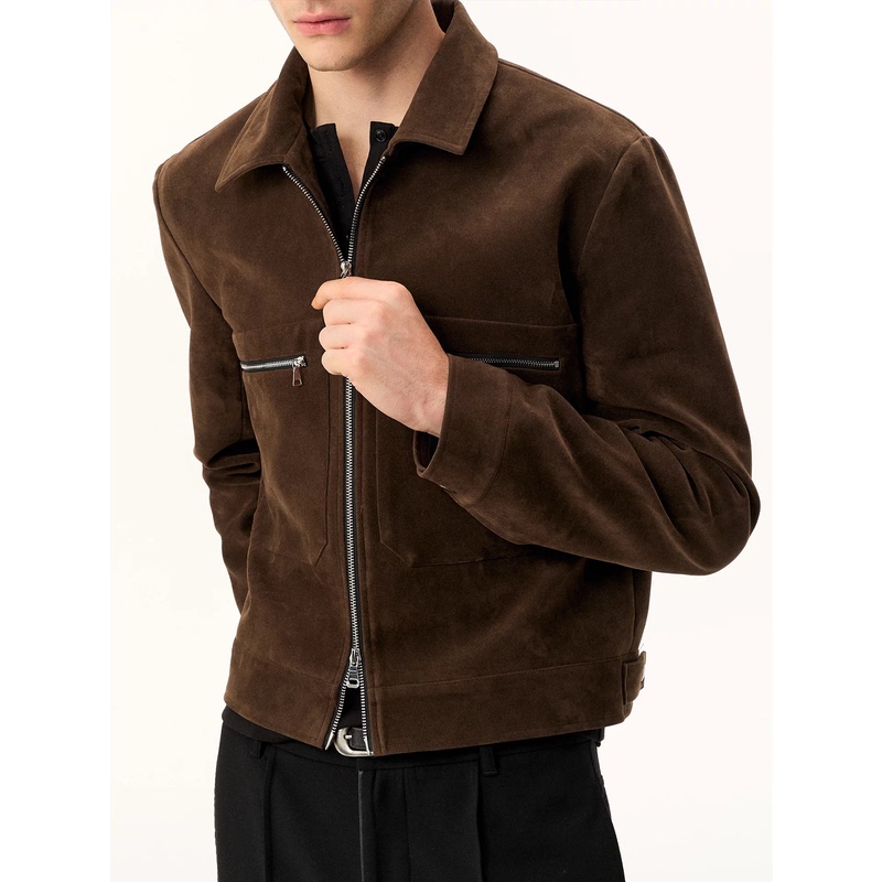 Forthepass Suede Jacket Slim Fit Regular Shoulder Fit Short Faux Shearling Stiff and Stylish Coat