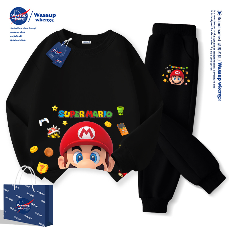 Wassup Co-Branded Black Mario Clothing Boys' Suit 2026 New Winter Fleece Sweatshirt Kidsren's Spring Clothing Wassup Co-Branded Black Mario Clothing Boys' Suit 2026 New Winter Fleece Sweatshirt Kidsren's Spring Clothing