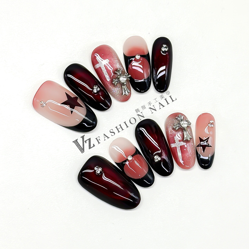 Sweet and Cool Dark Gothic Style Handmade Wearable Nails Almond-Shaped Long Nails Niche Whitening Nail Patches Nail Tips