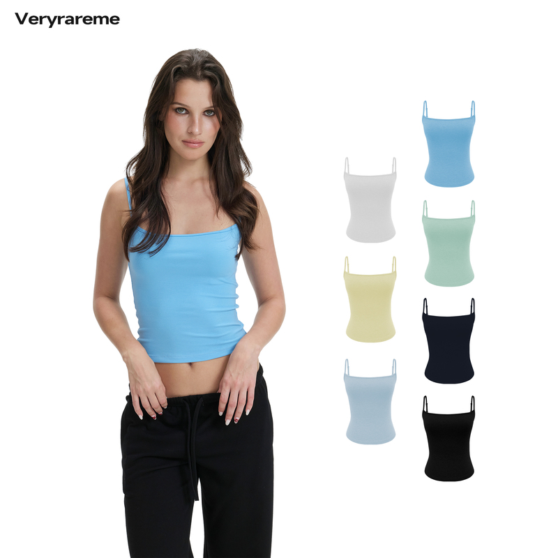 Veryrareme Solid Color Basic Camisole That Covers Side Breasts, Slimming Square Neck Short Top with Exposed Waist Veryrareme Solid Color Basic Camisole That Covers Side Breasts, Slimming Square Neck Short Top with Exposed Waist