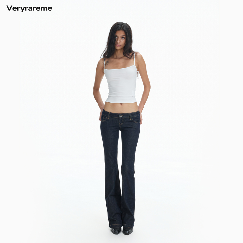 Veryrareme Ultra-Low-Waist Original Color Denim Slightly Flared Slim Fit Stretchy Bell-Bottom Jeans Trousers Veryrareme Ultra-Low-Waist Original Color Denim Slightly Flared Slim Fit Stretchy Bell-Bottom Jeans Trousers