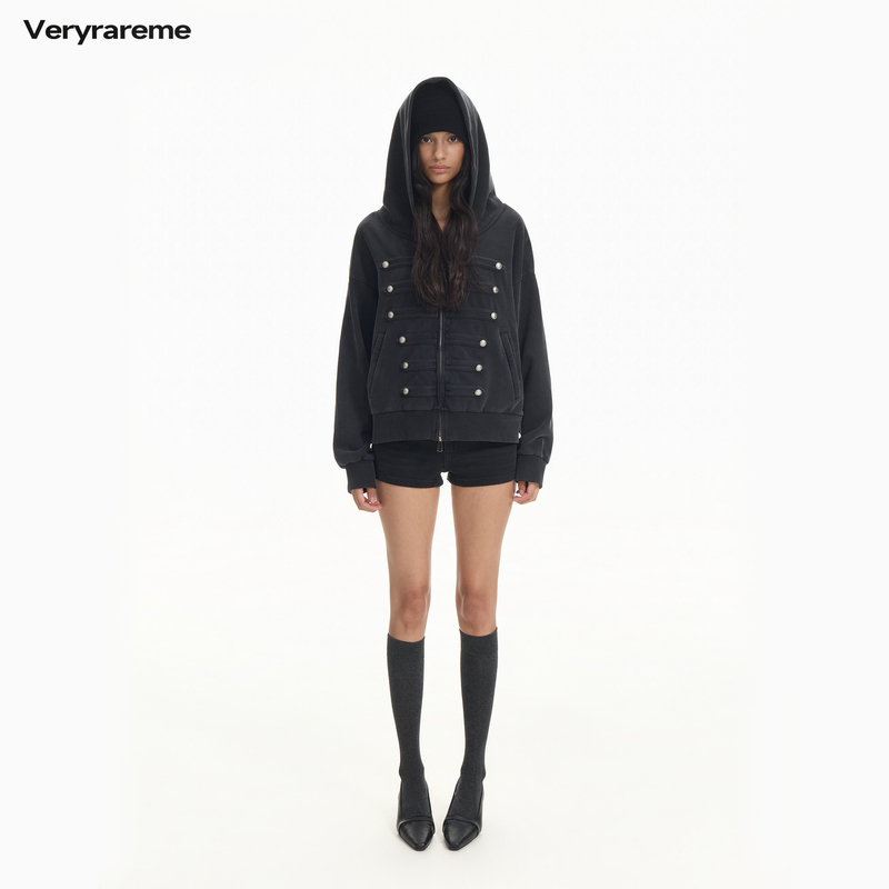 Veryrareme Dark Gray Washed Napoleon Sweatshirt Distressed Washed Hooded Jacket Veryrareme Dark Gray Washed Napoleon Sweatshirt Distressed Washed Hooded Jacket