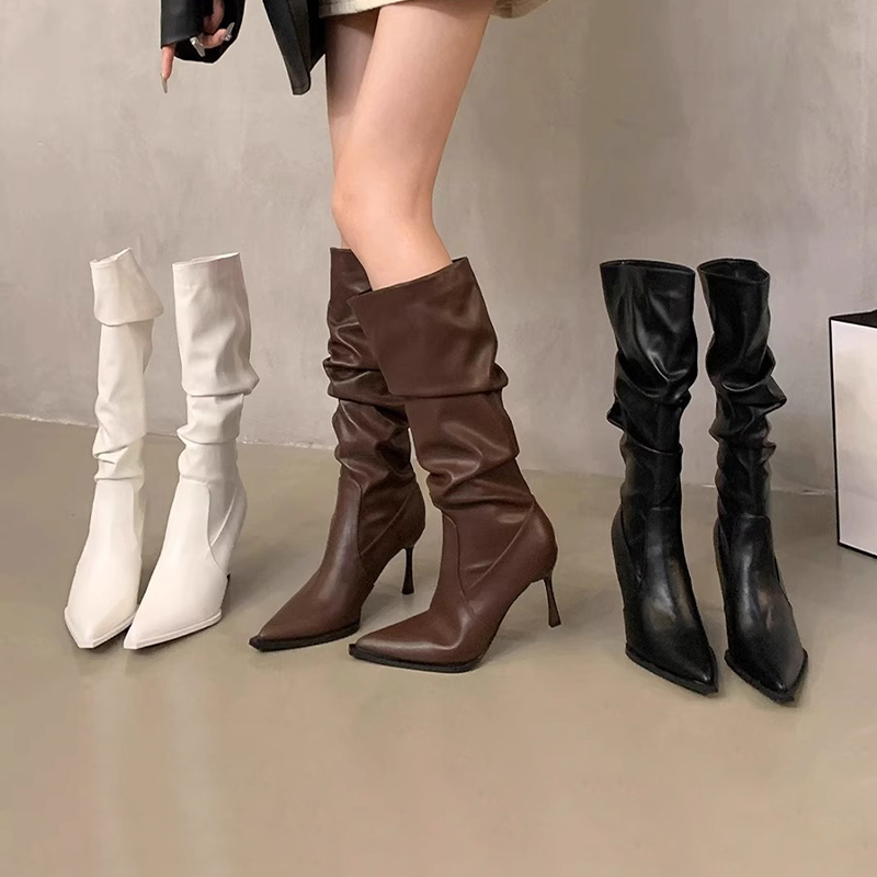 Genuine Leather High-Heeled Shoes for Women, Pointed Toe, Stiletto Heel, Pleated Stacked Boots, 2026 Slimming Long Boots, Fleece-Lined Black Leather Boots