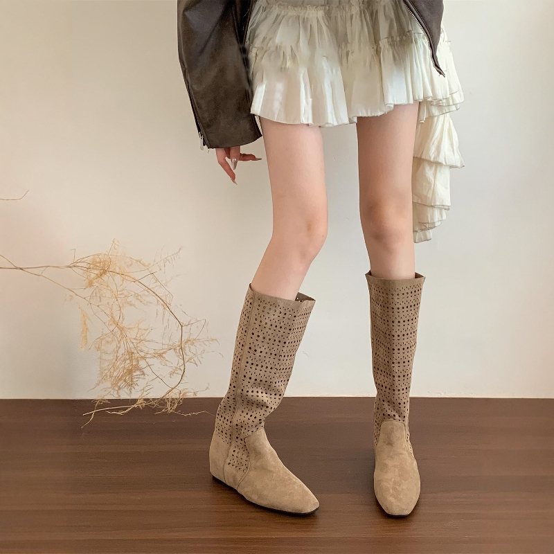Inner Height Increase of 4cm~ Retro Sexy Melard Hollow-Out Long Boots for Women, Summer Breathable Non-Slip Millennium Style Slim Boots
