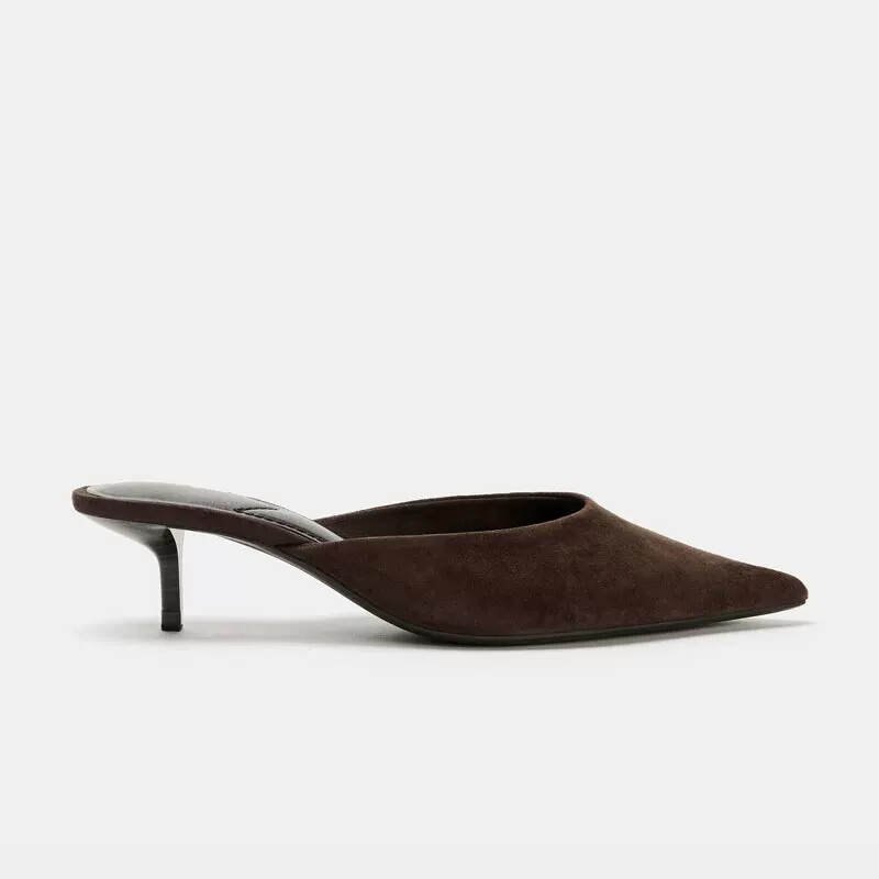 Za2026 New Summer Style Suede Leather Toe-Cap Pointed-Toe Mid-Heel Mule Sandals for Vacation and Beach