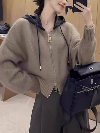 European Style Fashionable Double Zipper Hooded Knitted Cardigan for Women, New Autumn and Winter Style, Lazy Loose Soft Short Sweater Coat
