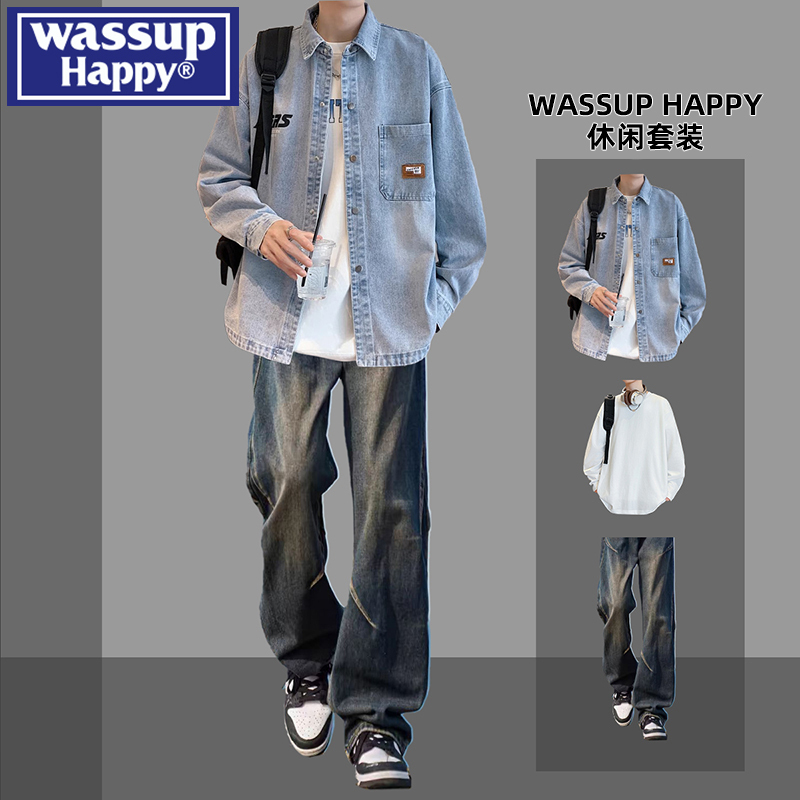Wassup Happy Washed Denim Shirt Jacket for Men, Spring and Autumn, Loose Fit, Japanese Style, Cool and Casual Outfit