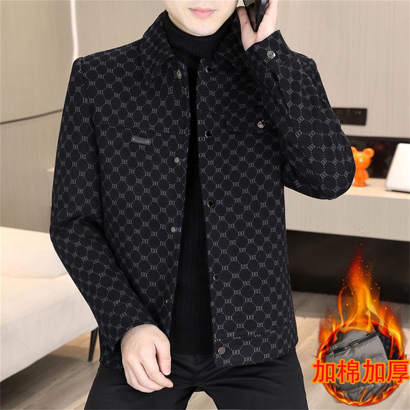 High-End Men's Jacket with Cotton Padding, Thickened Lapel, Trendy Print, Slim Fit, Short Style, Autumn and Winter 2025 New Model for Men