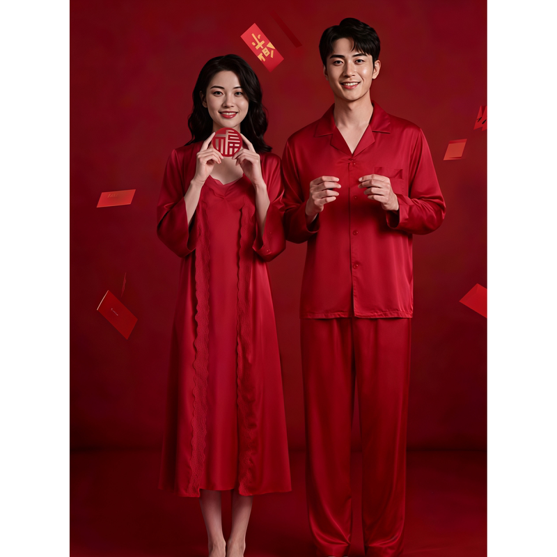 Victoria Morning Robe Pajamas Summer Newlywed Red High-End Zodiac Year Wedding Bride Couple Set for Men and Women