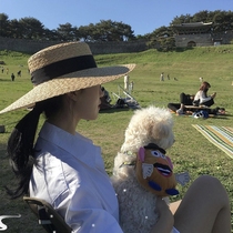 Straw hat womens new French fashion British large brim sun protection sun hat ins flat top big head seaside beach hat