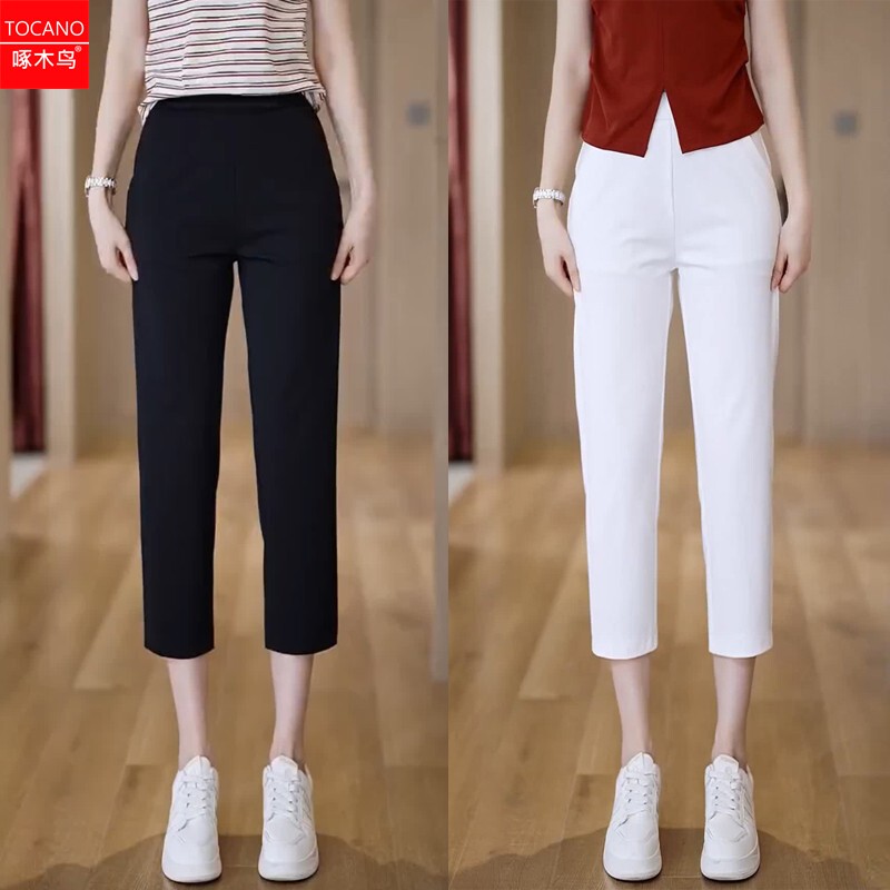 Woodpecker Summer Cropped Casual Sweatpants for Women, Versatile Elastic Waist, Slimming, Petite Straight-Leg Cigarette Pants